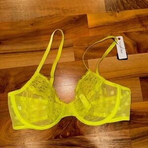 Scarlett Blue Dare Underwire Bra 34C Limeade Green Lace Polka Dot Sheer Lingerie